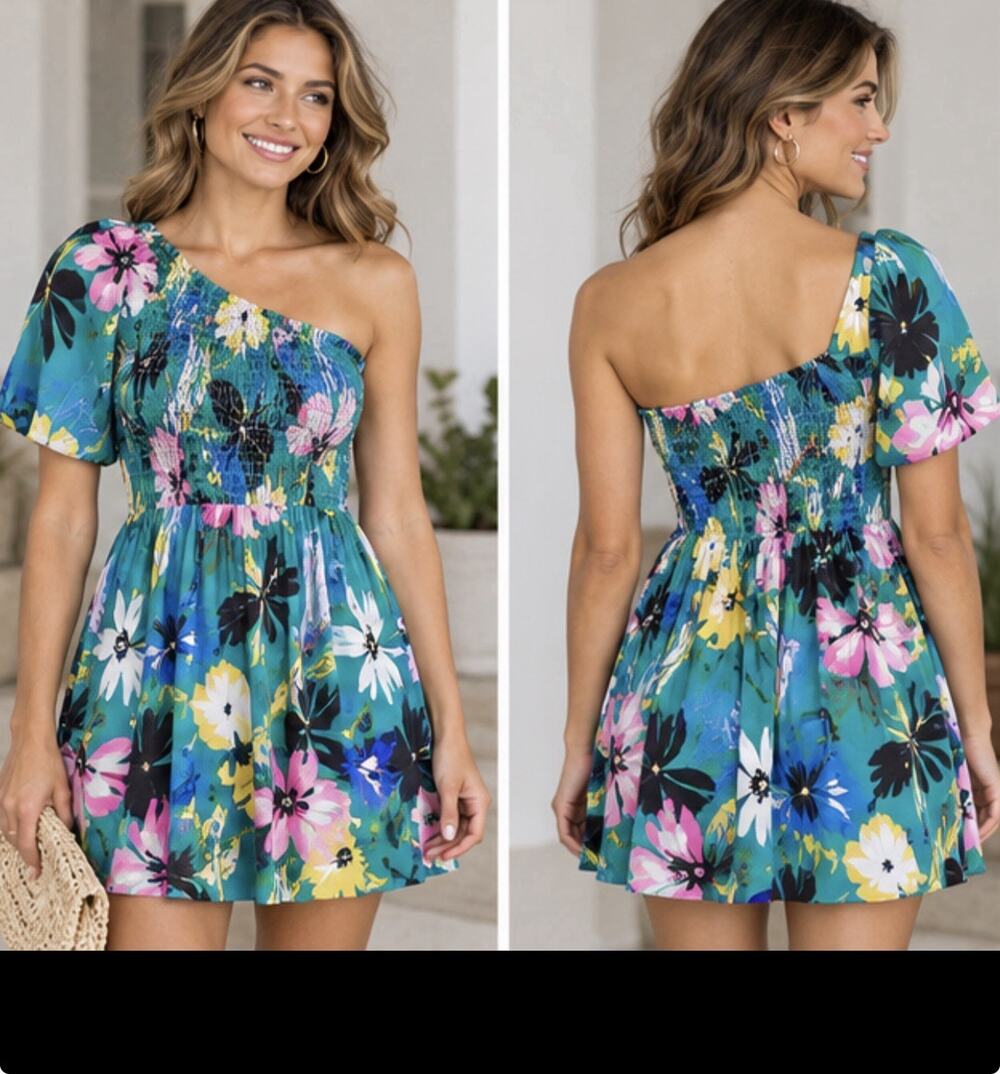 DIEL Women’s L Teal Floral One Shoulder Smocked Mini Dress NWT